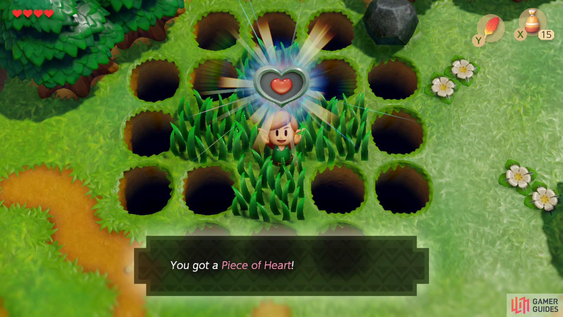 Once you’ve obtained Roc’s Feather you’ll be able to hop over to the Piece of Heart in the center of Koholint Prairie.