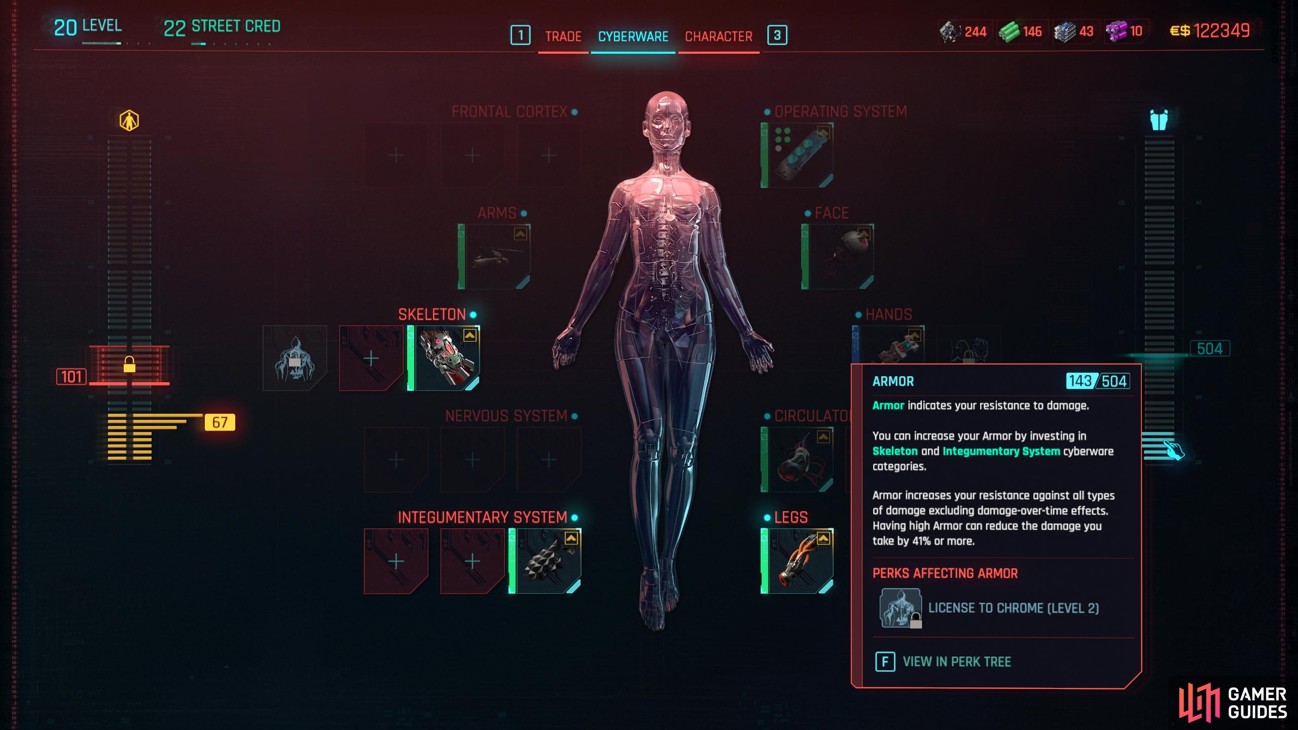 Armor is indicated by the large blue bar on the right side of the Cyberware screen.