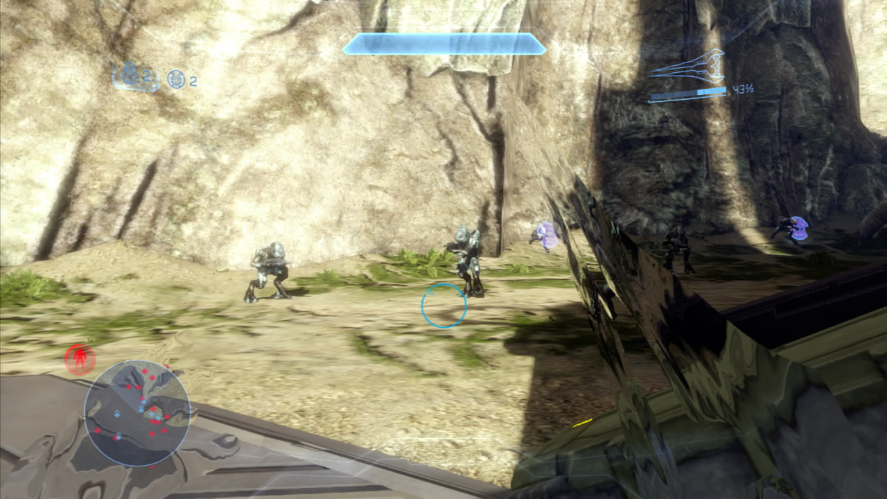 Halo 4’s cloaking ability. Activate it to become temporarily invisible. Use it to sneak past enemies or perform a stealthy assassination from behind. Shooting whilst cloaked will cause you to become slightly visible. As such, if you want to shoot, weapons with a single shot would be more complimentary to the ability than a rapid or burst fire weapon.