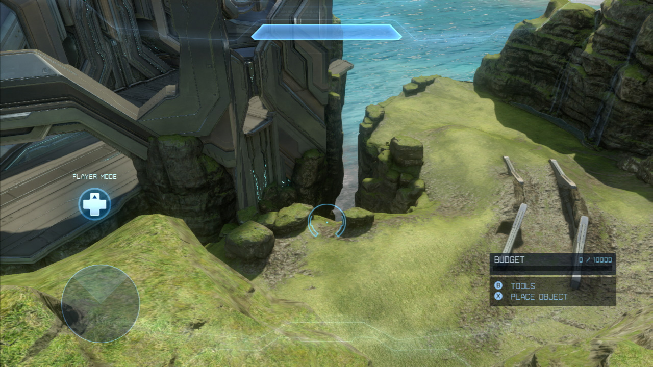 Ravine is the third of the three forge maps for halo 4 and is characterised by a large, raised grassy island that has been split down the middle, with the cliff here forming a ravine between its two sides. On one side is an open, grassy area and on the opposing side is a huge Forerunner structure. In addition to the two main points on this map, Ravine also features a number of rocky ledges and raised cliff platforms, adding a degree of height to the map. Additionally, players can build a fair bit in the air above the ocean beside the islands.  > The budget you have to work with on the blank map is 10,000.  > There are a number of map variants on offer for Erosion including:    - Settler (Budget already allocated 4255/10000)