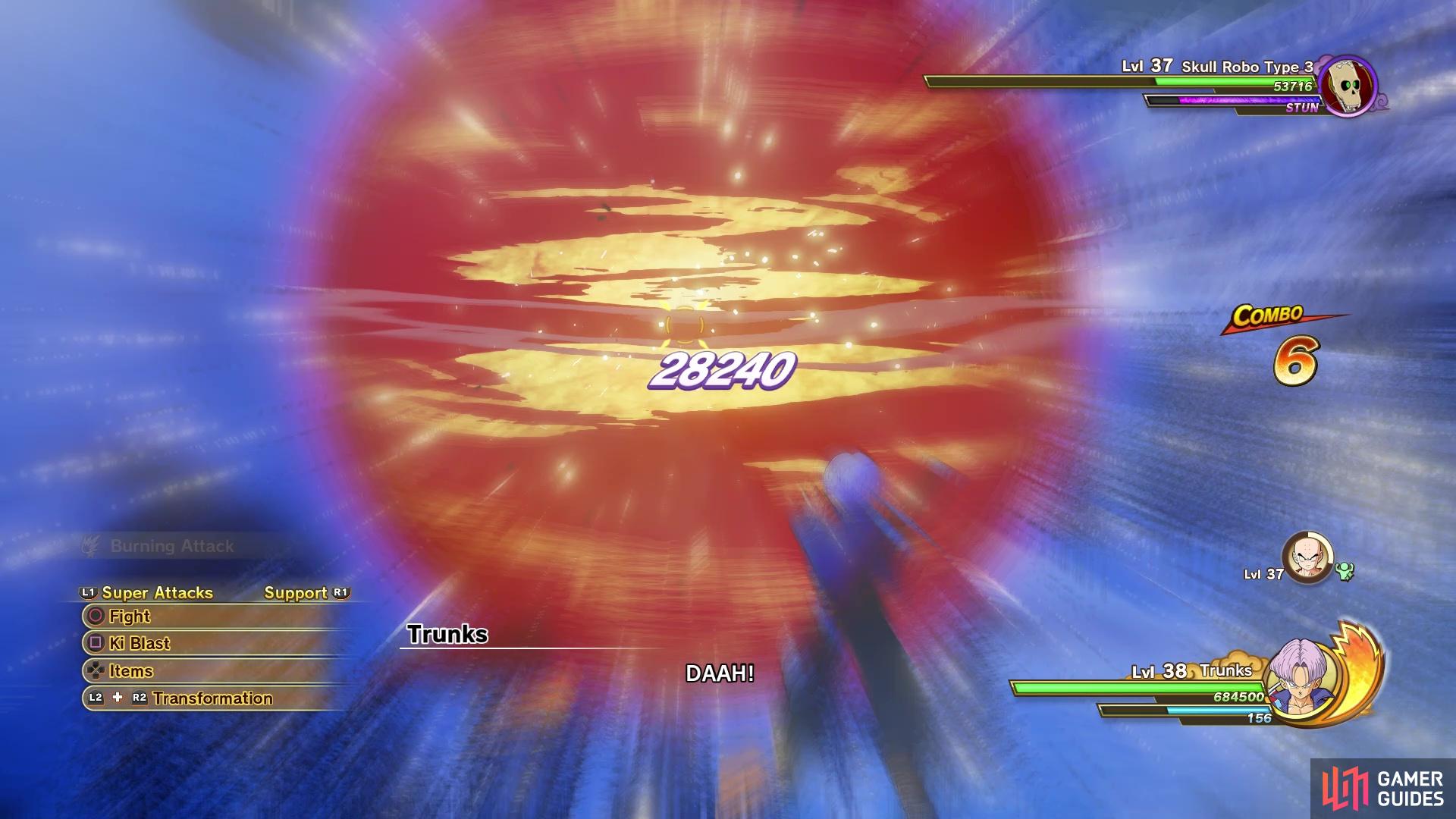 Trunks’ Burning Attack has a good area of effect to hit more than one robot