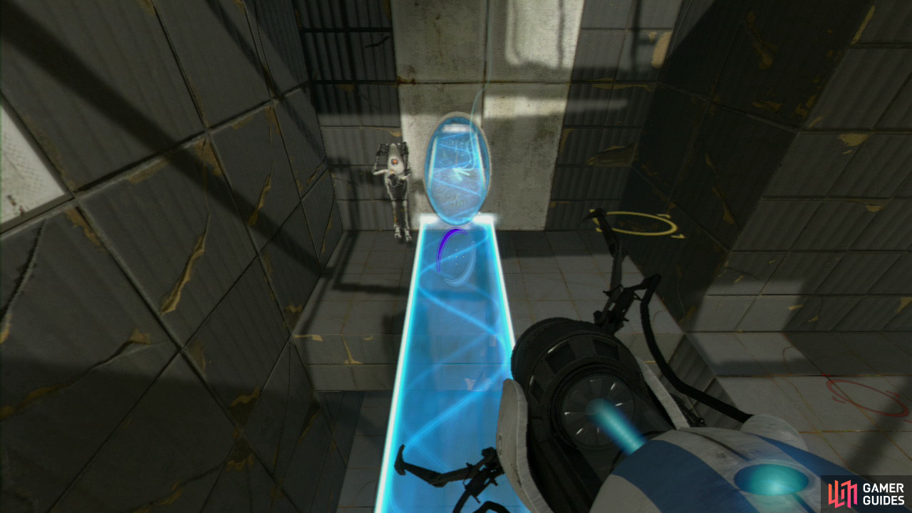 Player 1: Ask player 2 to jump off the light bridge and over to the ledge located to your right. Turn right to face the wall and set another portal on the light-coloured wall. Now place your light bridge on the lower part so you fall down on top of it. Get player 2 to follow you to the end where the both of you can jump into the alcove that leads to part 2 of the test chamber.