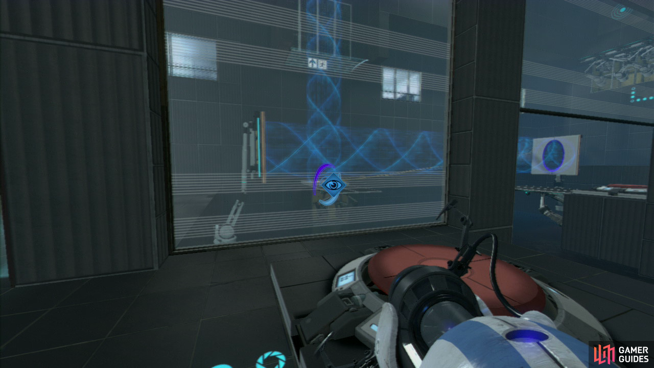 Player 2: Once the portal is flowing through the middle section of the chamber, stand on the Arial Faith plate to catapult yourself over to the other side. Once you’re here, fire your first portal on the second vertical panel in the middle of the room and then the next one on the horizontal floor tile located to the right of the panel you just placed last portal on.  This’ll create a funnel that’ll travel vertical towards the exit. Now stand on the nearby Faith Plate and as you ascend the funnel, the force field above you will cut you off, causing you to drop down. Ask player 1 to stand on the red button, causing the funnel to reverse in direction, once the beam is orange, jump across into the beam and look out for the other platform located off to the side just up ahead, step out of the beam onto this platform with a red button on it.