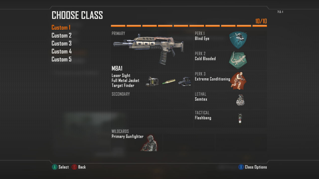 Short-Mid Range Primary Weapon > MSMC Primary Attachment > Long Barrel + Target Finder Secondary Weapon > Your Choice! Secondary Attachment > Your Choice! Lethal > Grenade OR Semtex Tactical > Flashbang  Perk 1 > Lightweight Perk 2 > Toughness Perk 3 > Extreme Conditioning Wildcard > None!  Note 1: The SMG listed is my favorite, but any one will do!  Note 2: This set up will give the SMG a slightly longer range, making it effective both up close and at a medium distance as well. he grenades and flashbangs will help you out if you get in a tight spot, whilst the perks ensure you move silently, run for longer and can take a hit or two without flinching.  Mid-Long Range Primary Weapon > M8A1 Primary Attachment > Laser Sight + (FMJ OR Extended Mag) + Target Finder Secondary Weapon > None! Secondary Attachment > None! Lethal > Semtex OR Grenade Tactical > Flashbang OR Smoke Grenade  Perk 1 > Blind Eye Perk 2 > Cold Blooded Perk 3 > Extreme Conditioning Wildcard > Primary Gunfighter  Note 1: The Assault Rifle listed is my favorite, but any one will do!  Note 2: This set up will give you a great assault rifle perfect for mid-long range engagements. The FMJ OR Extended Magattachments can be mixed up to either provide additional damage or ammo whilst the other attachments increase range and accuracy. The perks ensure you will be harder to detect and can sprint further without stopping.