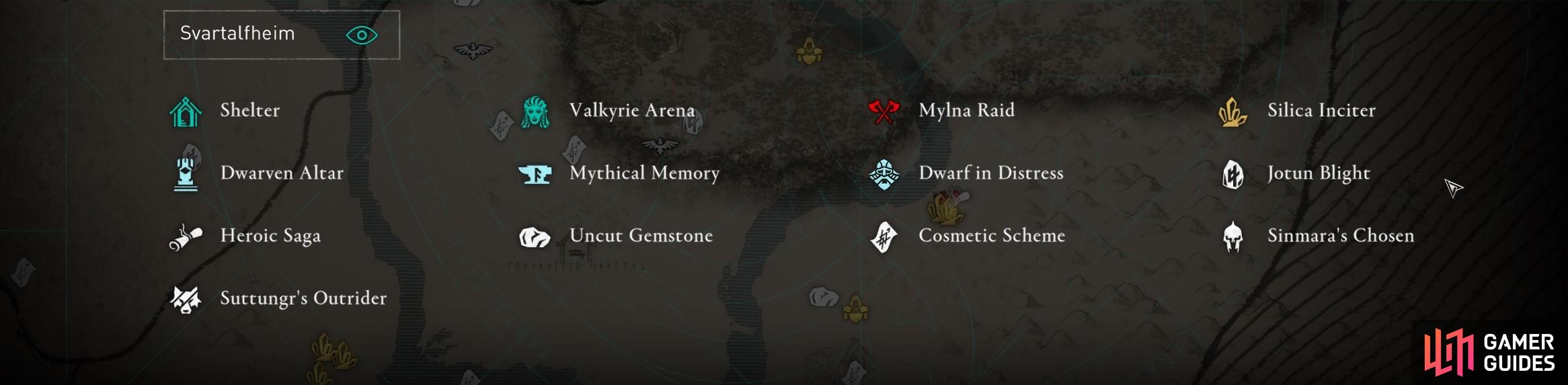 The new list of map legends for the Svartalfheim region.