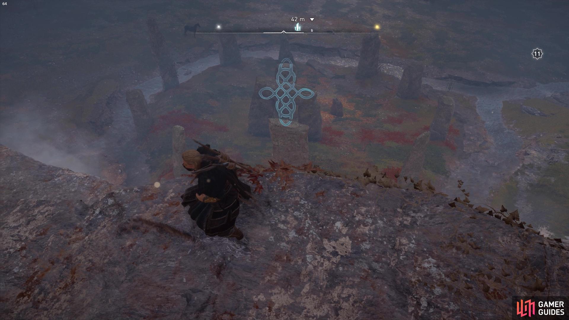 To align this symbol you’ll need to head up onto the top of the cliff near the waterfall.