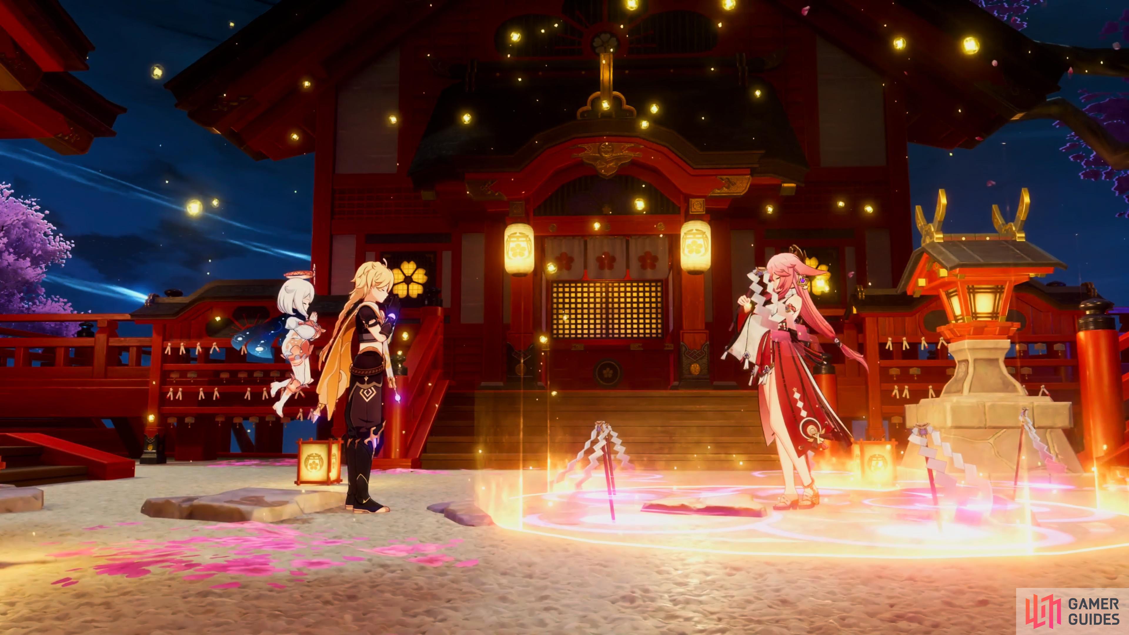 The Traveler, Paimon, and Yae Miko performing the “Moonless Night” ritual.