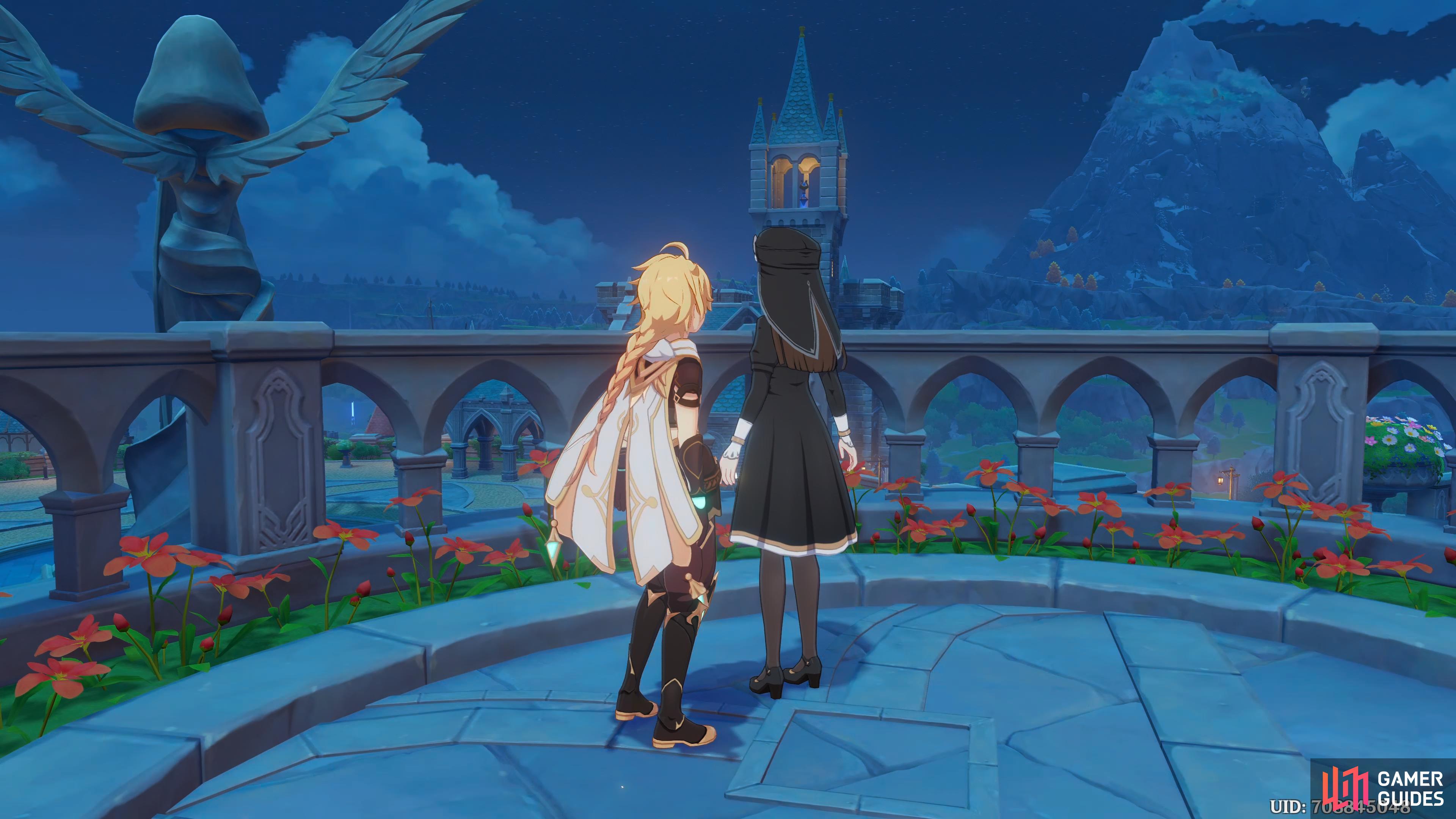 The Traveller and Sister Victoria overlooking the view of Mondstadt.