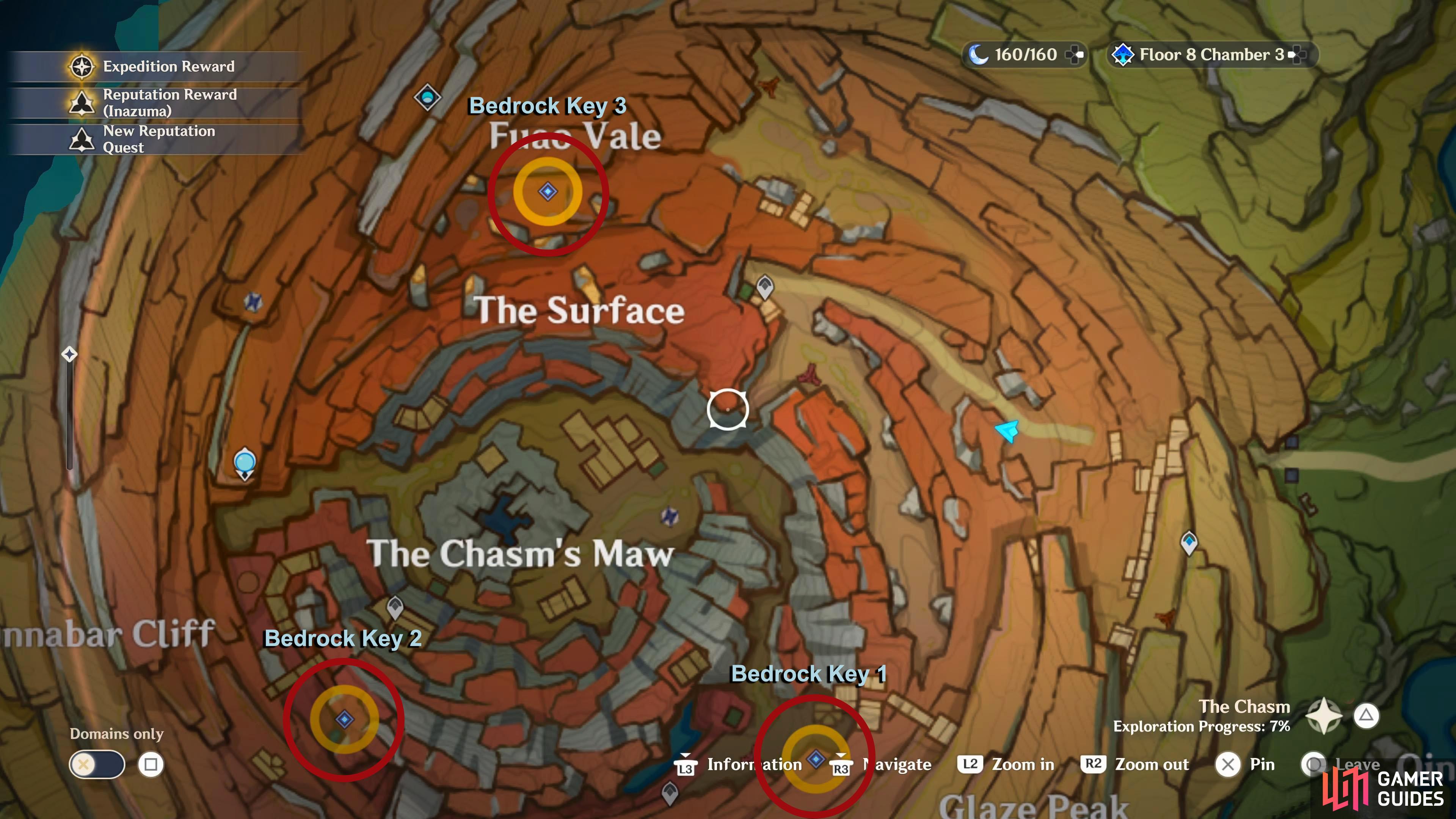 The Bedrock Key locations have been labeled where each one is. So, Bedrock Key 1 is in the southeast, Bedrock Key 2 is in the southwest, and Bedrock Key 3 is in the north.