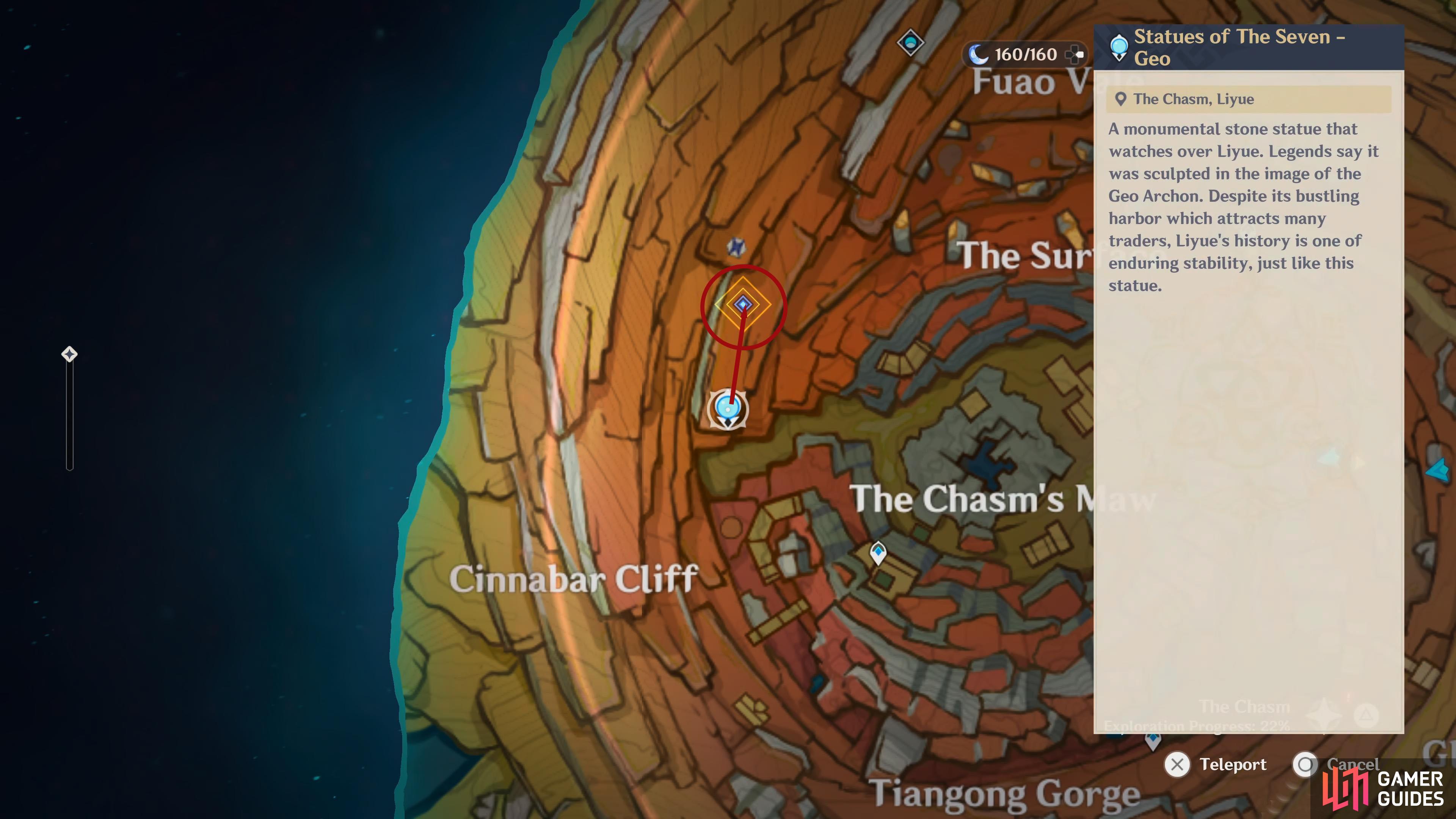 The quickest way to the final Bedrock Key is by teleporting from the Statue of the Seven and dropping off the cliff and gliding to the mine cart tracks.