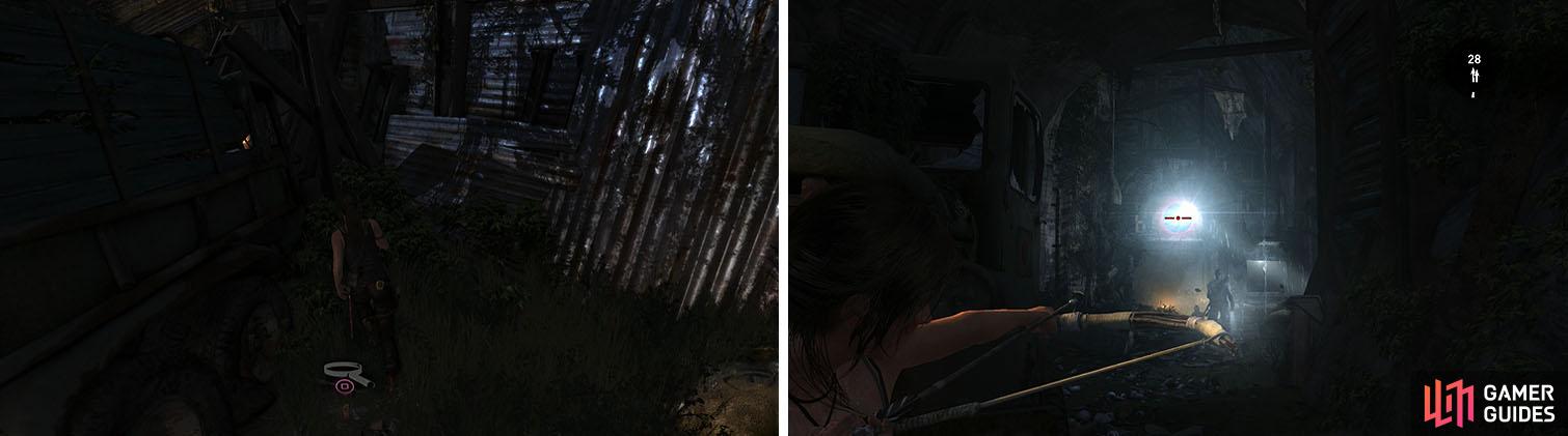 After getting the GPS Cache (left), shoot the man on the spotlight to make the rest of this area fairly easy (right).