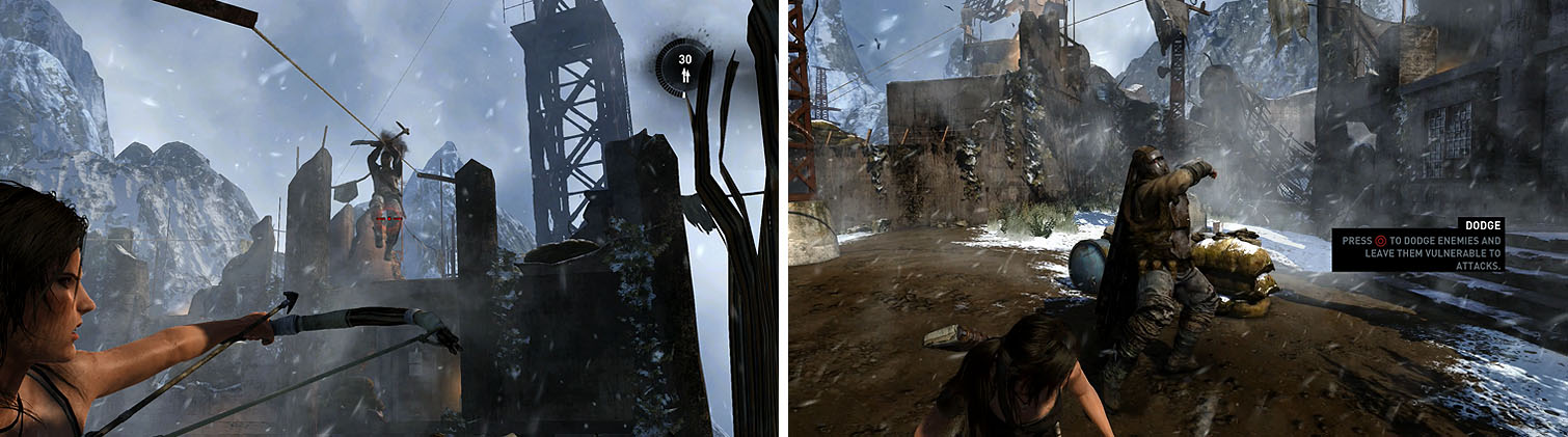 Shoot any Solarii that zipline down the drop for easy kills (left). When you are forced to fight the riot shield Solarii, use dodge to expose his body (right).