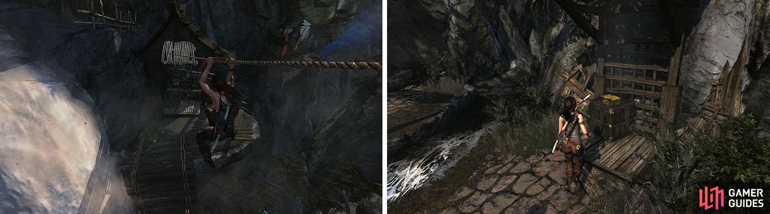 Create some rope bridges to reach the Ancient Scroll (left). After crossing back to entrance, walk across the tree to reach the dogtags (right).