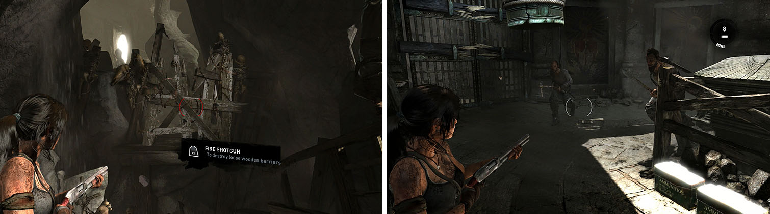 The shotgun is great for clearing barricades and enemies who dare to charge Lara.