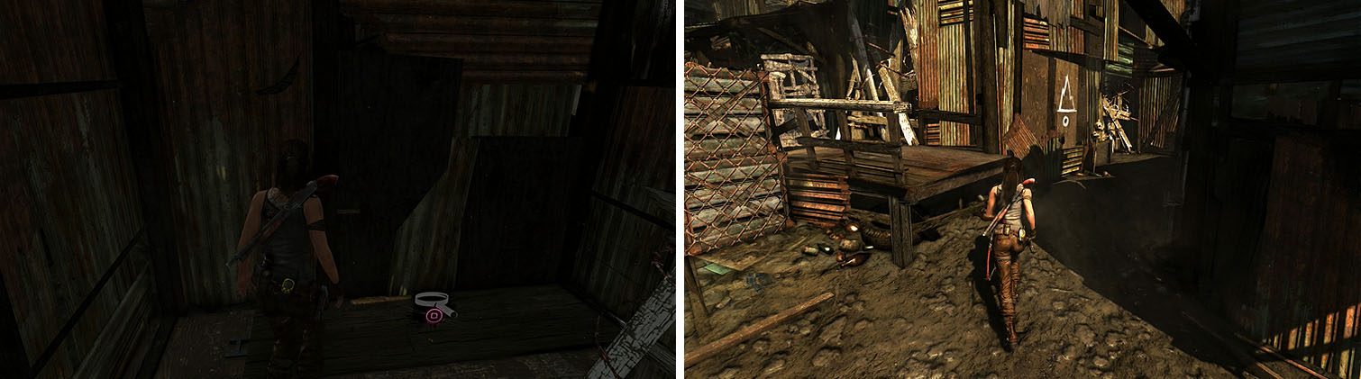 Don’t miss the GPS Cache on the floor between two barricades (left). The building with the painting had two barricades, each with items (right).