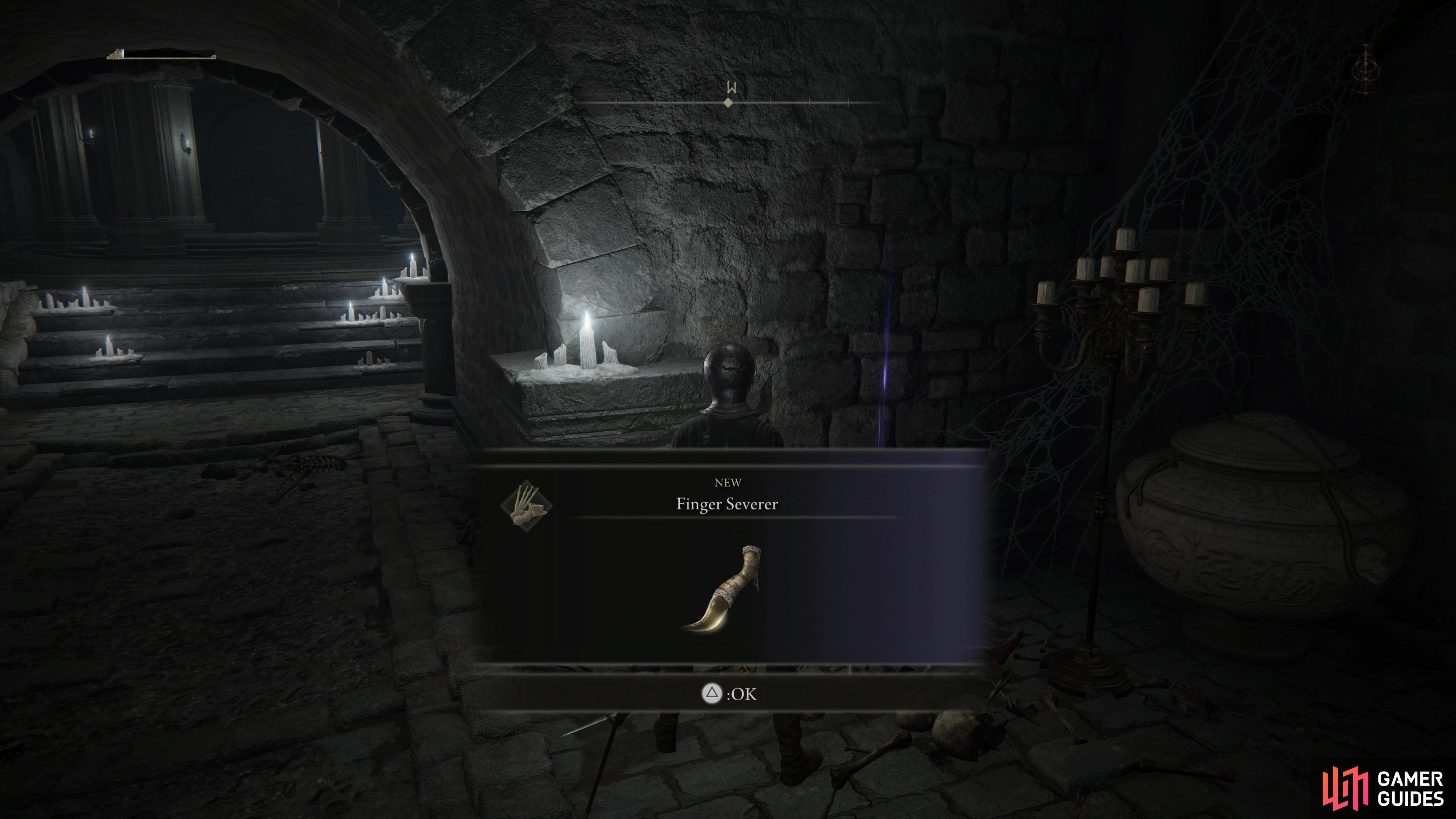 Leave the tutorial area and grab the Tarnished’s Furled Finger and the Finger Serverer items.