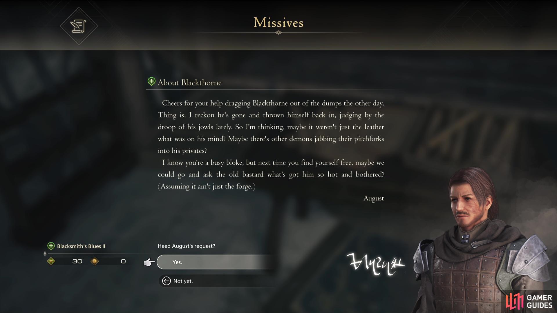 Read the letter in Clive’s Quarters to accept the Blacksmith’s Blues II Side Quest in FF16.