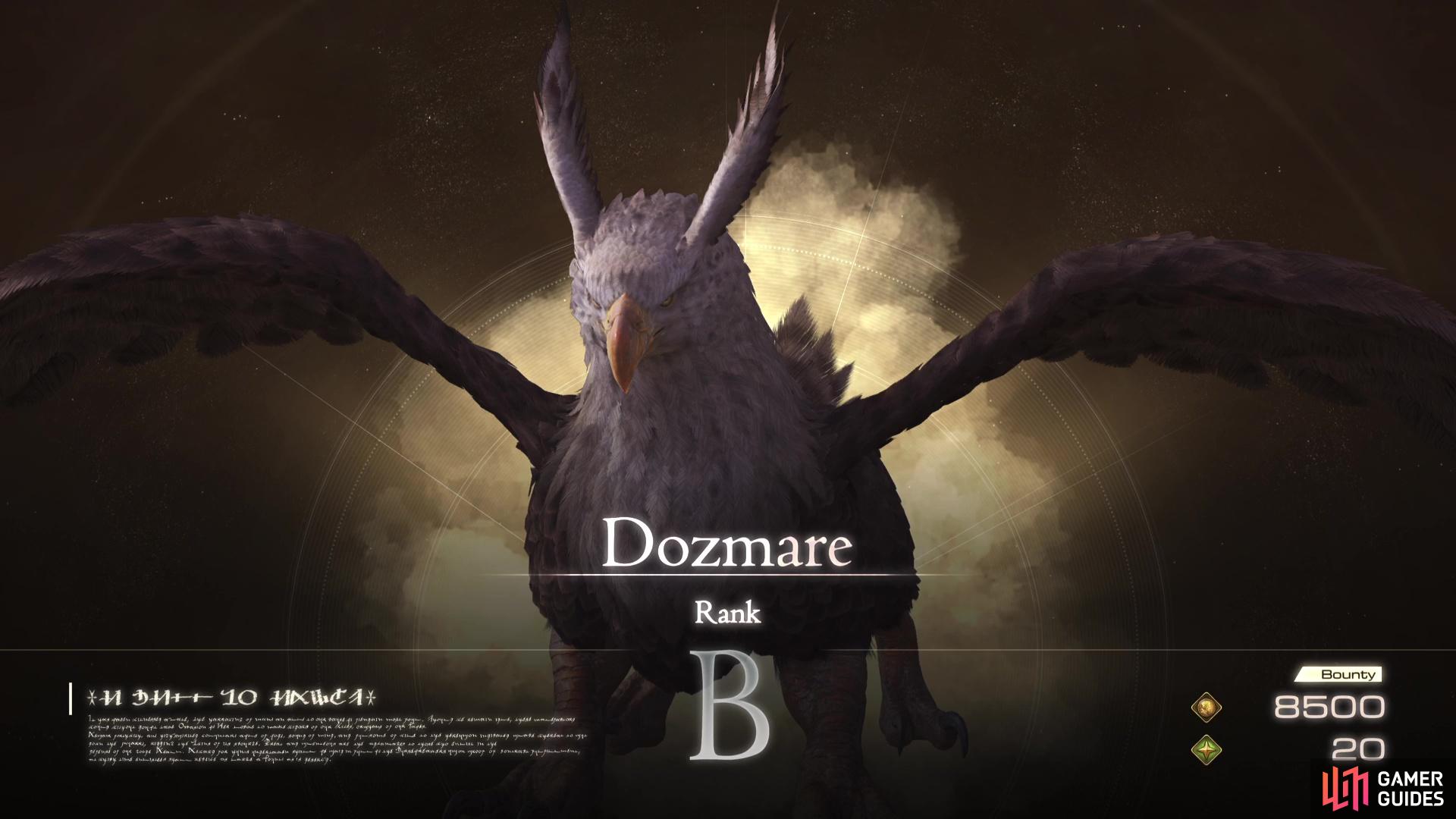 !Dozmare is a Griffin that is a Rank B Hunt in Final Fantasy XVI.