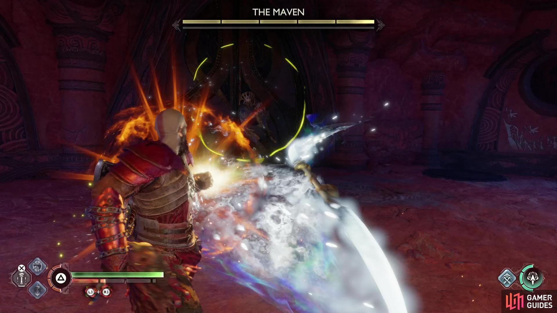 The Maven’s Blade Throw can be blocked, but as a yellow attack it’ll deal heavy damage to your guard.