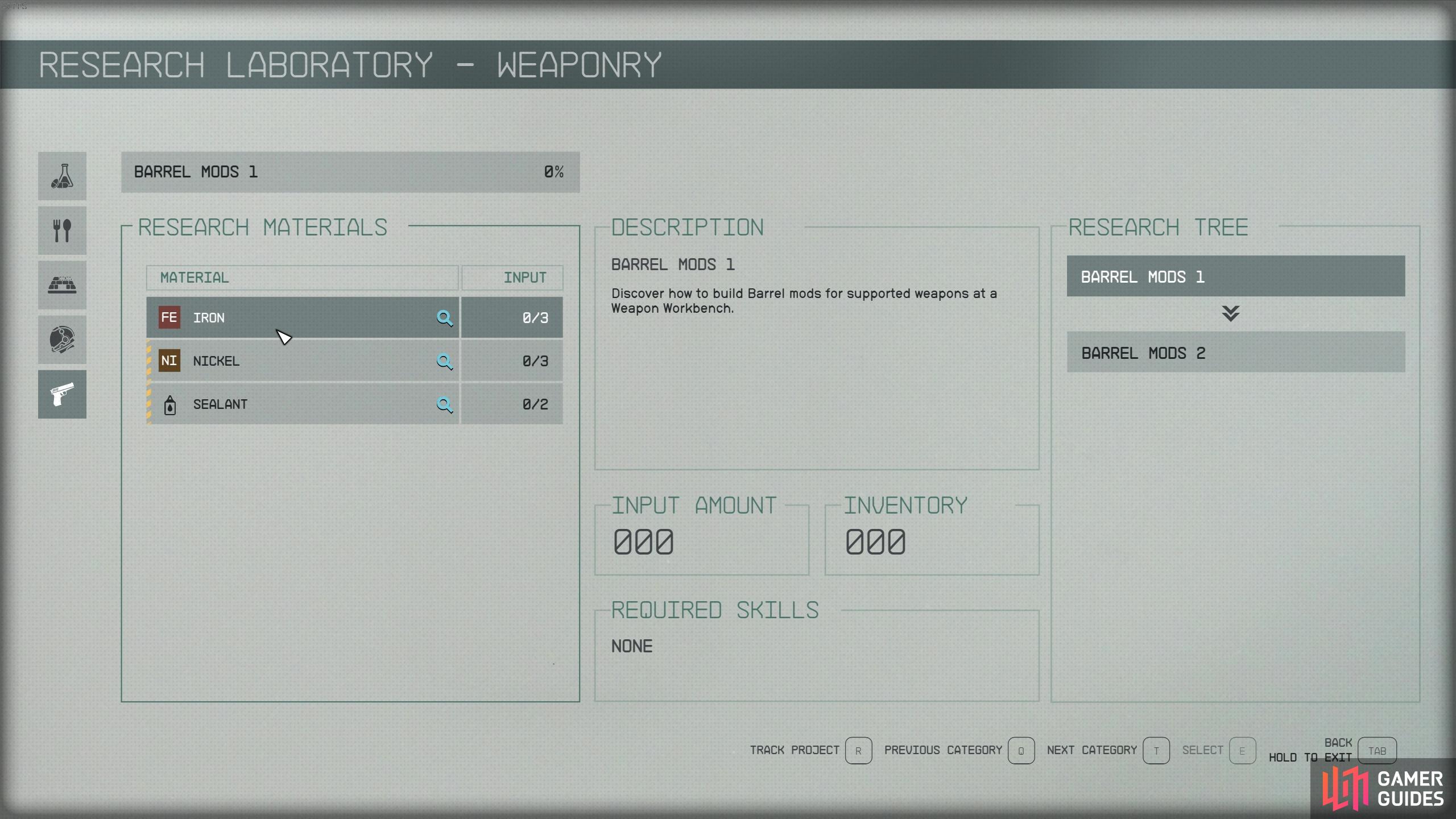 For researching many of the weaponry projects, you’ll need Nickel. 