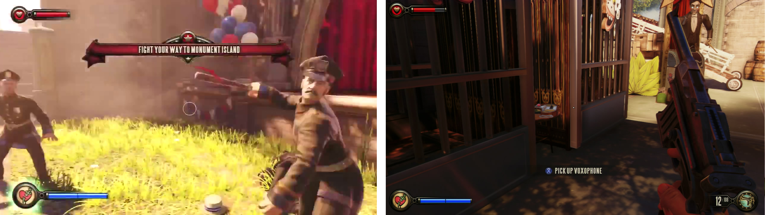 Fight your way through the policemen (left). Keep an eye out for the Voxophone between a pair of cages (right).