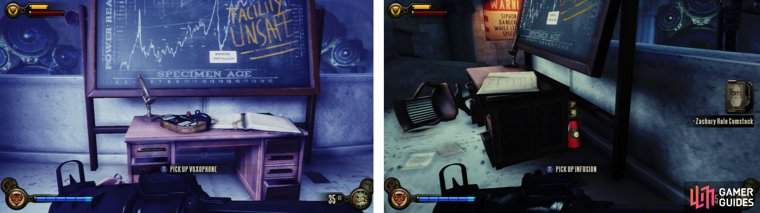 You’ll find a Voxophone on the desk (left). Behind the desk you’ll find an Infusion Upgrade (right).