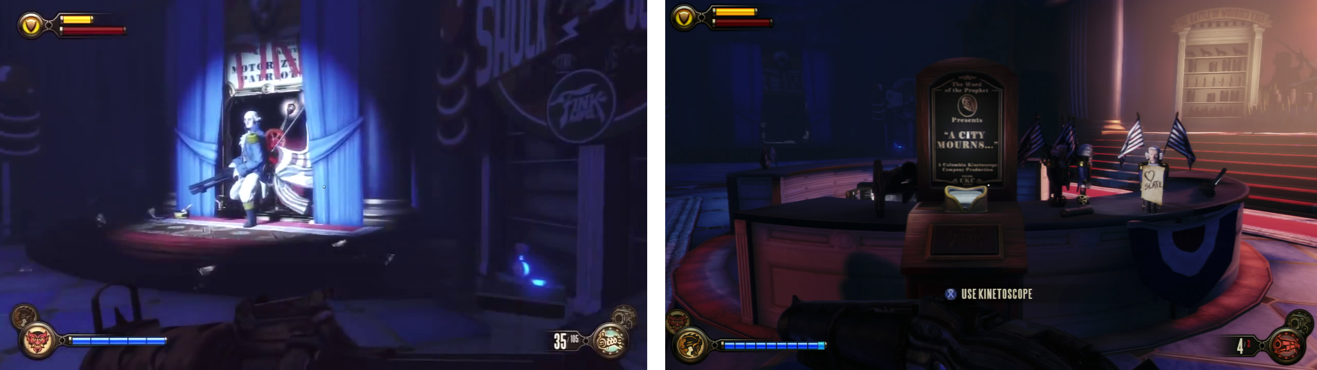 Defeat the Patriot (left) and then use the Kinetoscope in the centre of the room (right).