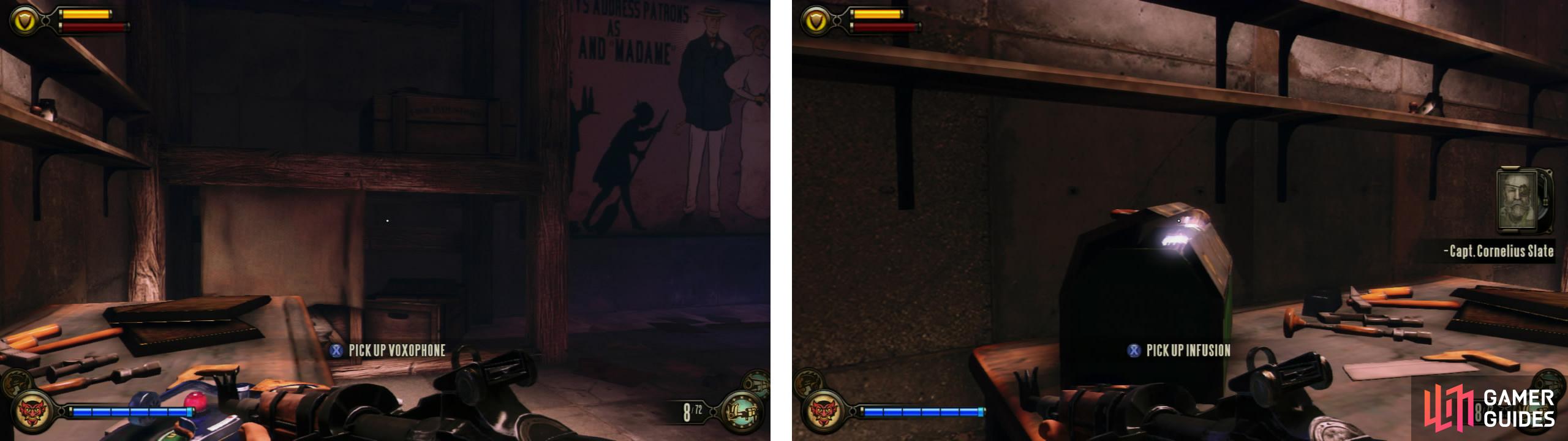 Go through the door on the left of the main room to find a Voxophone (left) and an Infusion Upgrade (right).