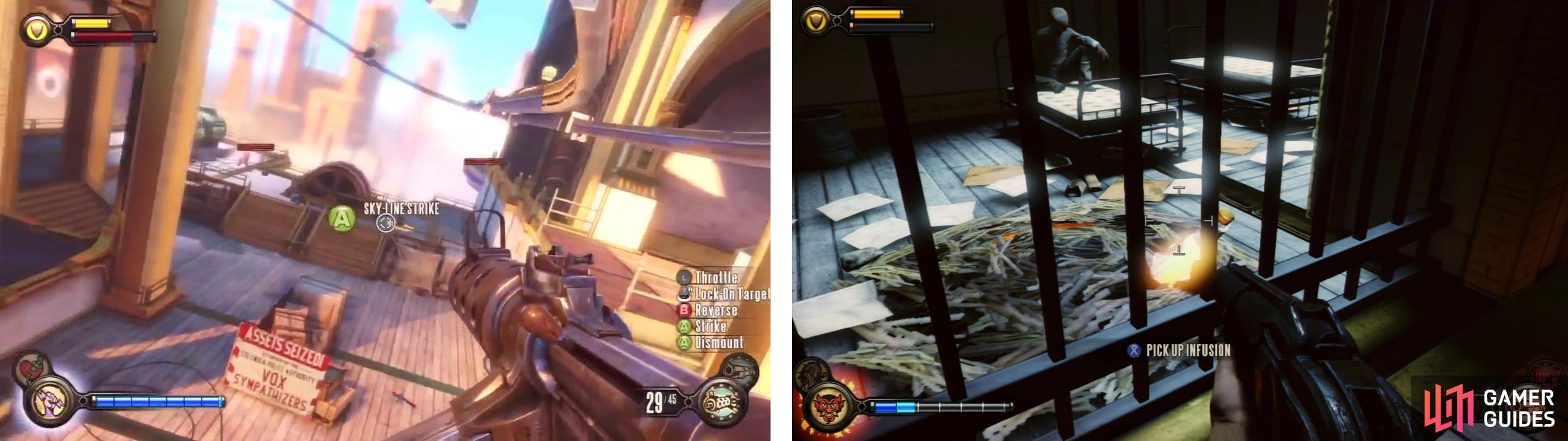 During the fight outside the police station (left), enter the ground floor of the building to find an Infusion Upgrade (right).