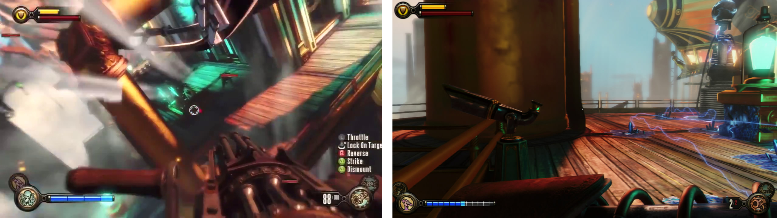 Clear the area of enemies (left) and then look on the far railing from the entry for a telescope (right).