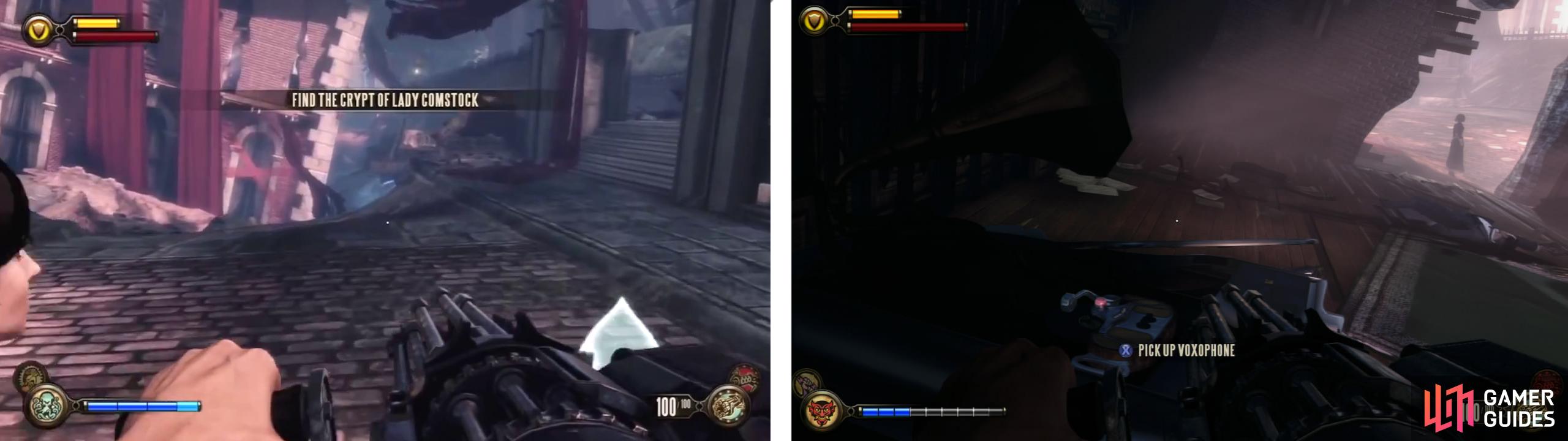 Follow the crumbling path (left) and enter the floating building on the left for a Voxophone (right).