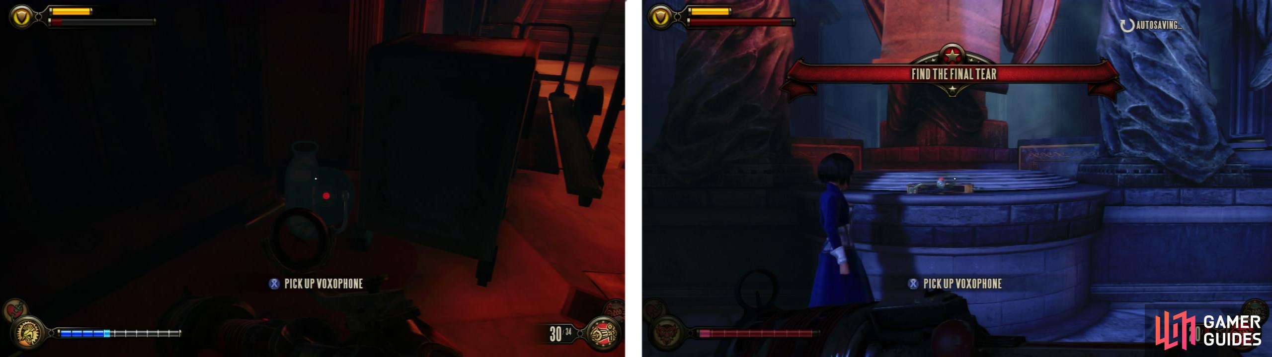 On the left side of the vault is a Voxophone (left). Once you have dealt with the tear in the vault another Voxophone will appear (right).