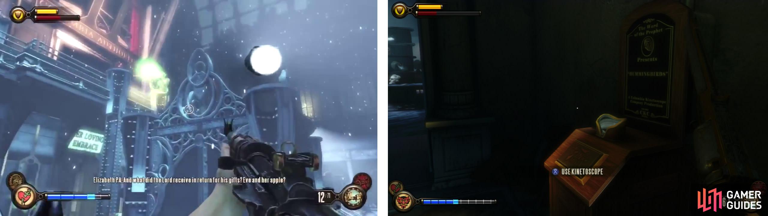 Destroy the turrets at the top of the stairs (left) and clear out any additional enemies. Climb the stairs and turn left to find a Kinetoscope (right).