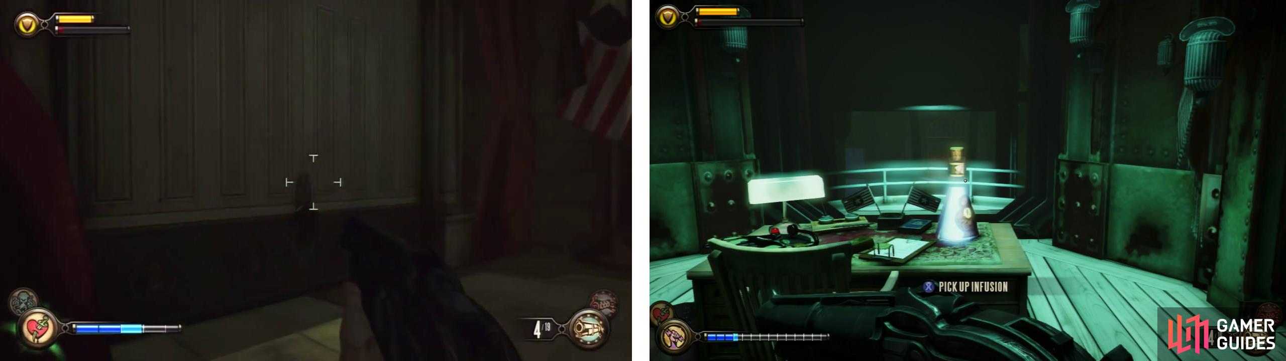 Have Elizabeth pick the lock (left). Inside you’ll find an Infusion Upgrade and a Voxophone (right).