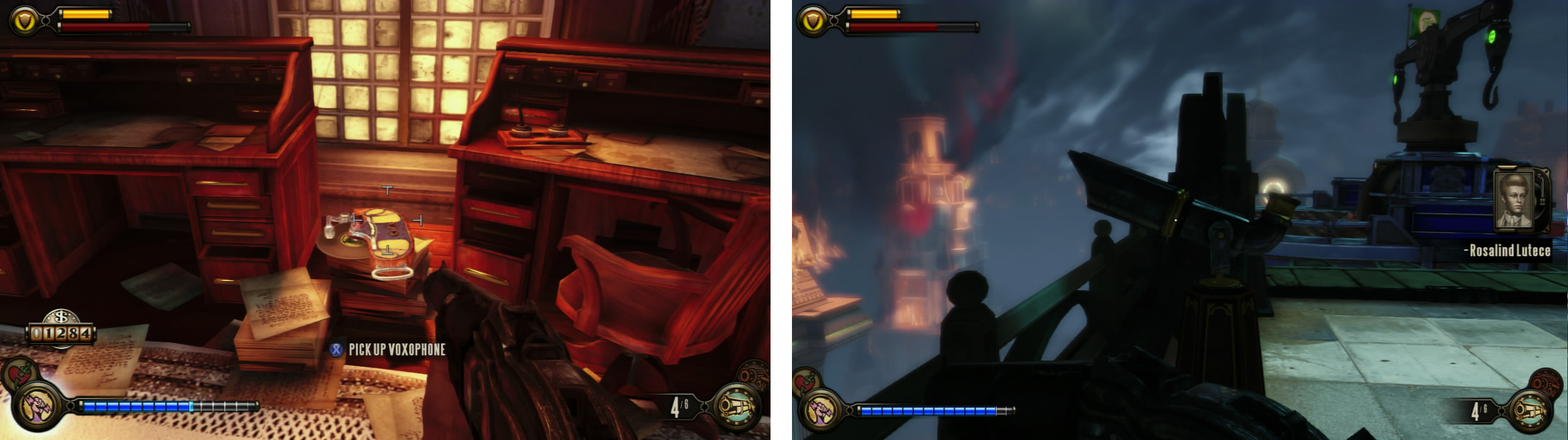 The Voxophone is inside the building at the far end of the bridge (left). The Telescope is nearby, where enemies were dropped off earlier (right).