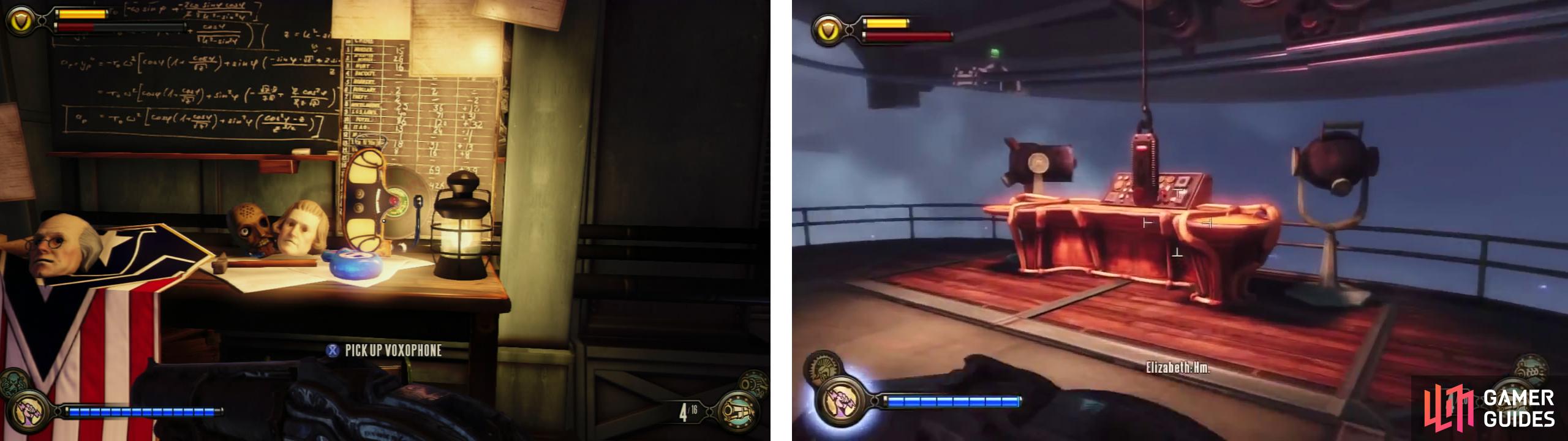 Have Elizabeth open the door to find a Voxophone inside (left). Then go hit the button to clear the skyline (right).