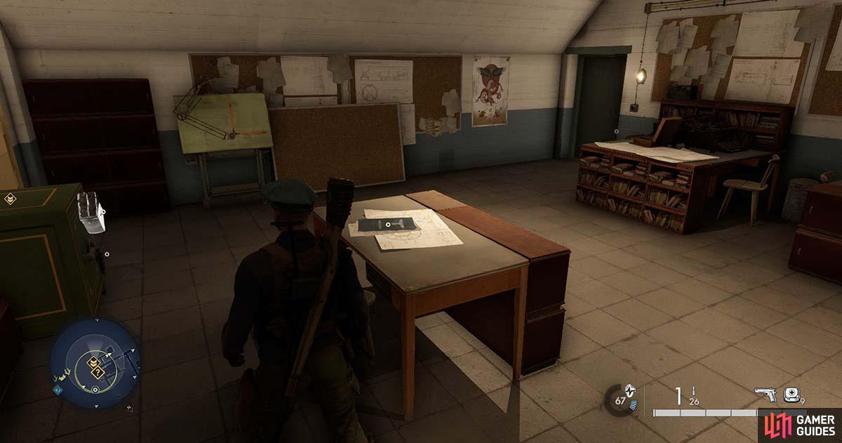 The document can be found on this table inside the bunker.