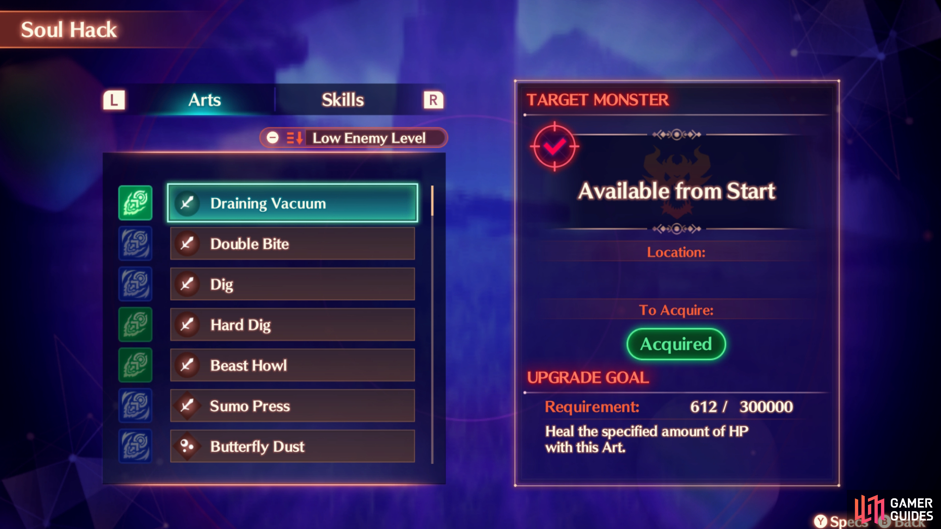 You can find what Arts you’ve acquired by going to the Heroes menu, and accessing the Soul Hack List by pressing Y.