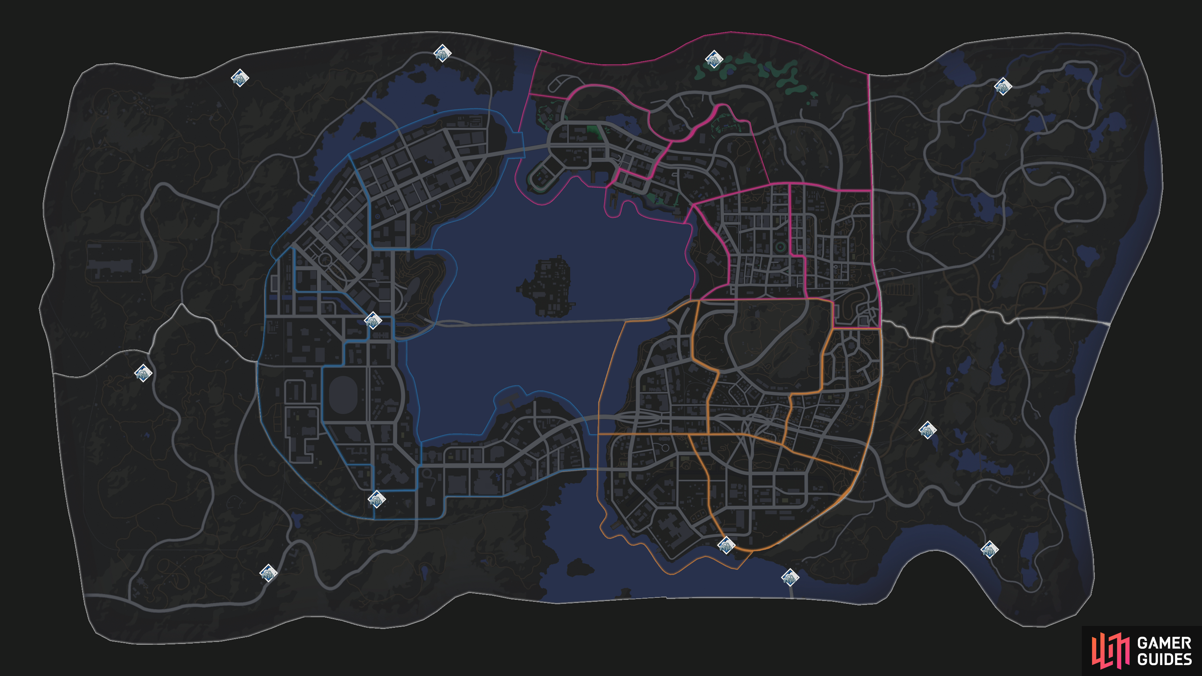 The locations of all the Pony Express Side Hustles on the map.