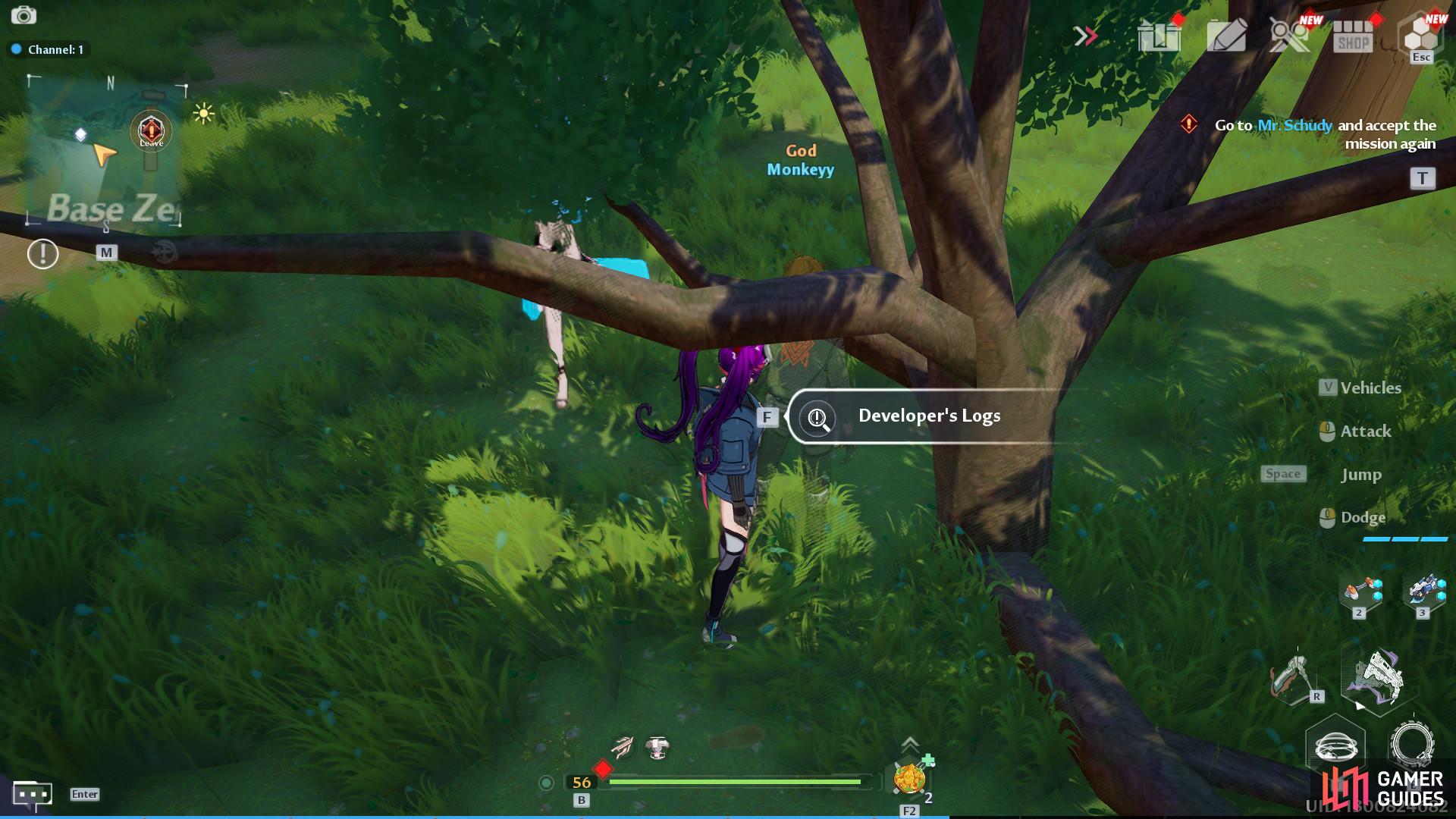 The first Dev Log is to the east of the plane next to a tree in the main base.