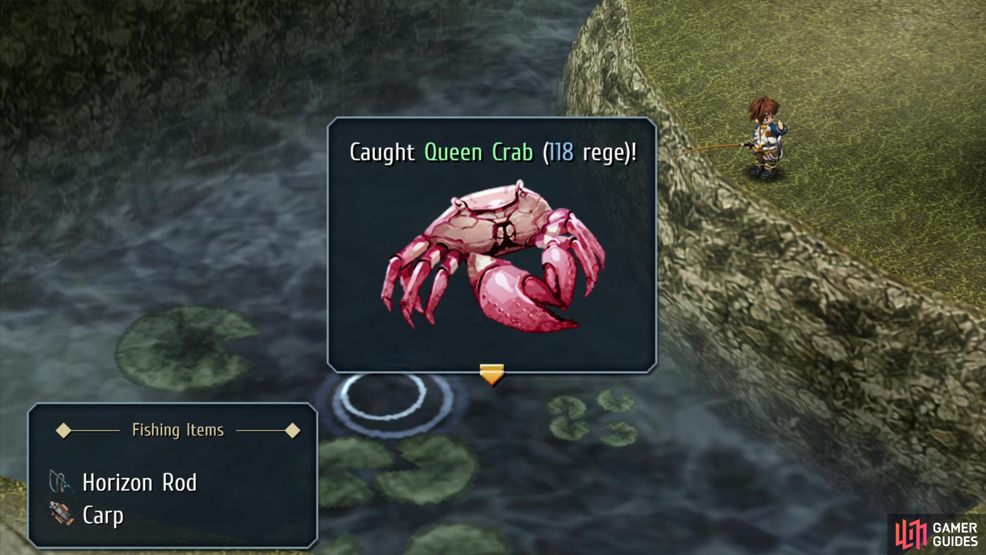 Pull the Queen Crab out of the Ancient Battlefield - Pond fishing spot.