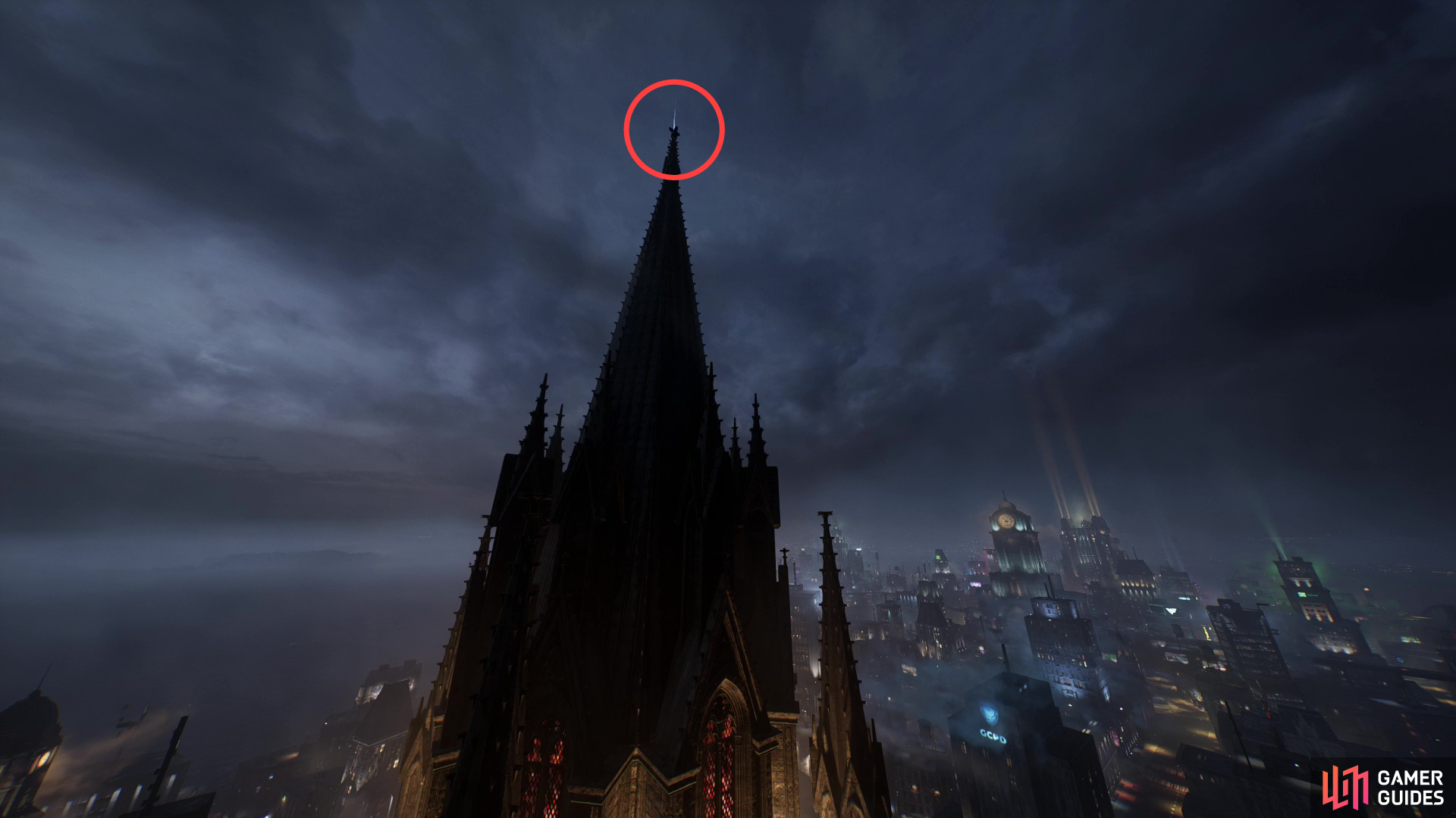 You can find a Batarang hidden atop the tallest spire of the Gotham Cathedral.
