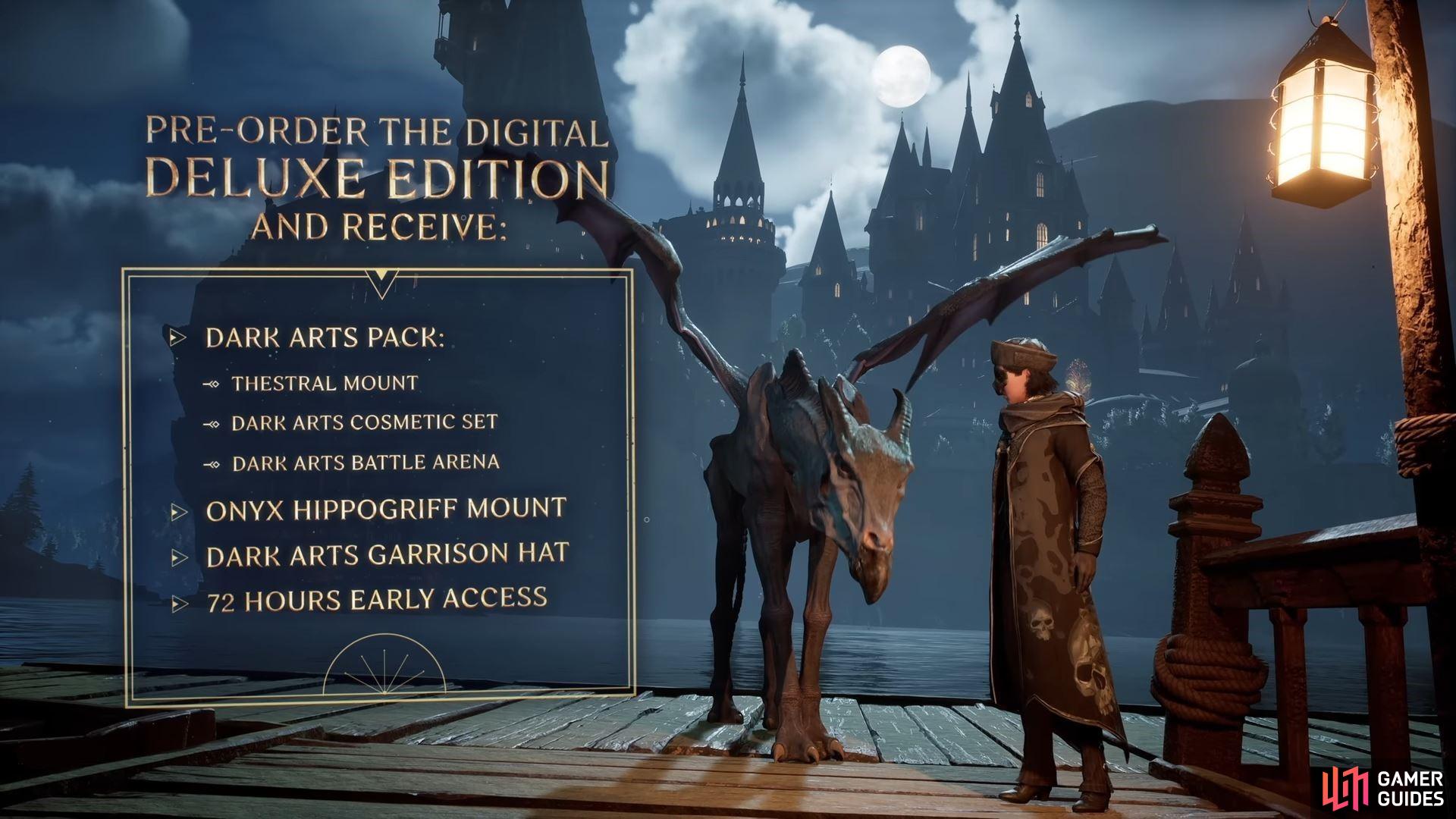If you pre-order the Deluxe Edition, you’ll get the Dark Arts pack and an extra Onyx Hippogriff Mount (which is also available to players who pre-order the standard edition). (Credit: Hogwarts Legacy Showcase).
