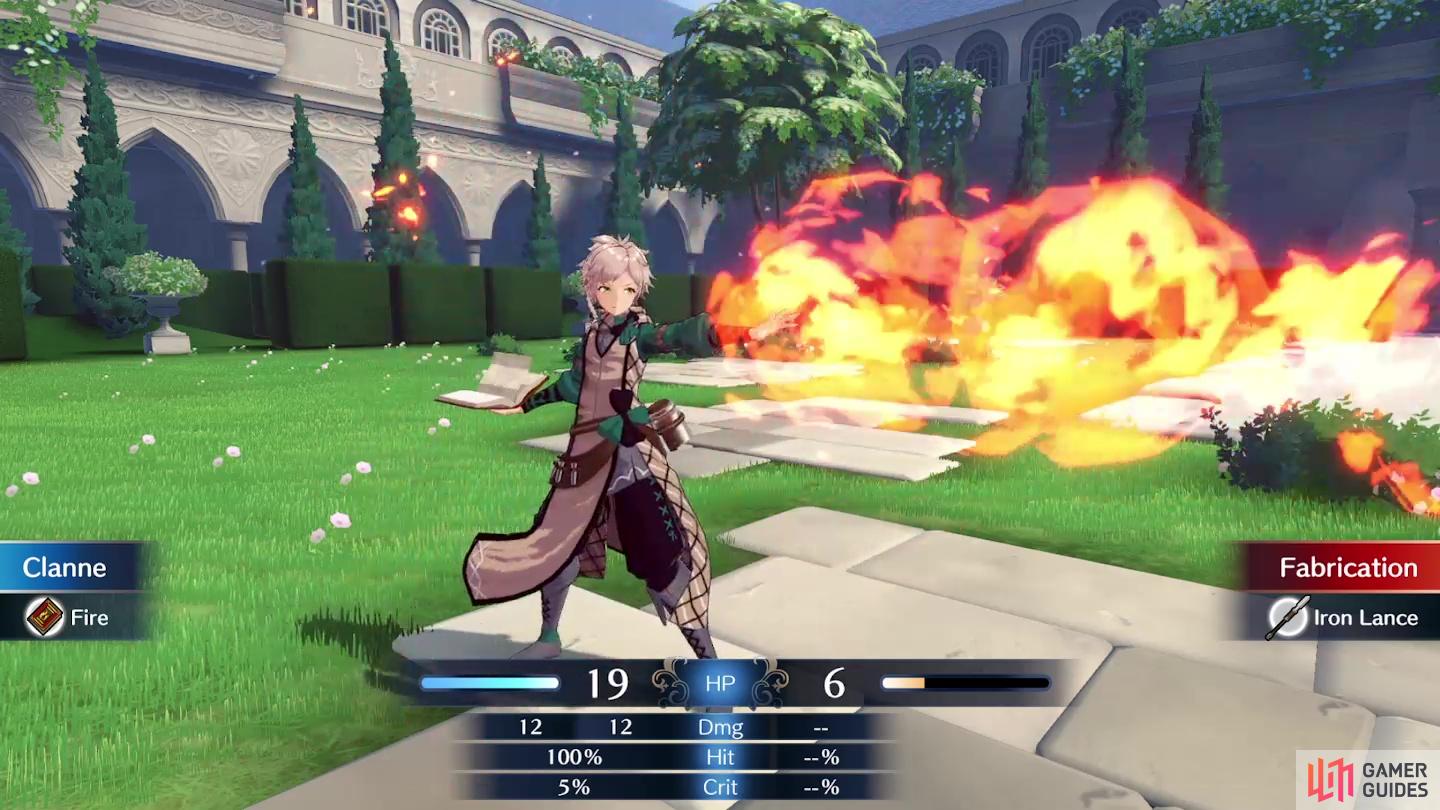 Clanne dealing fatal ranged damage with a standard Fire Tome in !Fire Emblem Engage.