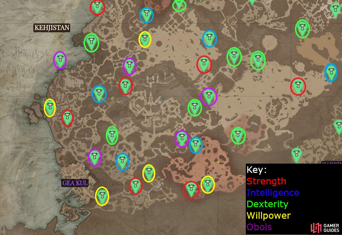 Here is a map of all the Kehjistan Altar of Lilith locations in Diablo 4, color-coordinated if you want to focus on specific ones.