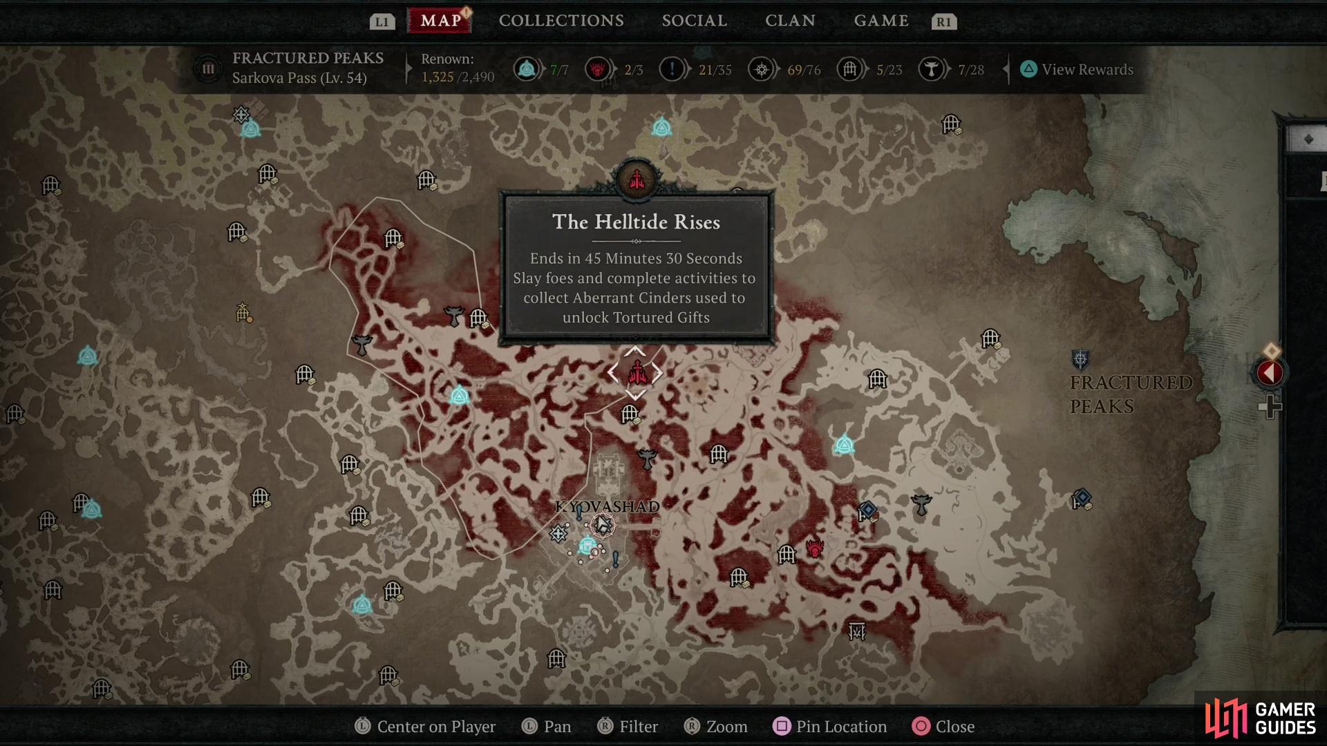 Helltide events are easy to spot on the map, thanks to their red highlight.