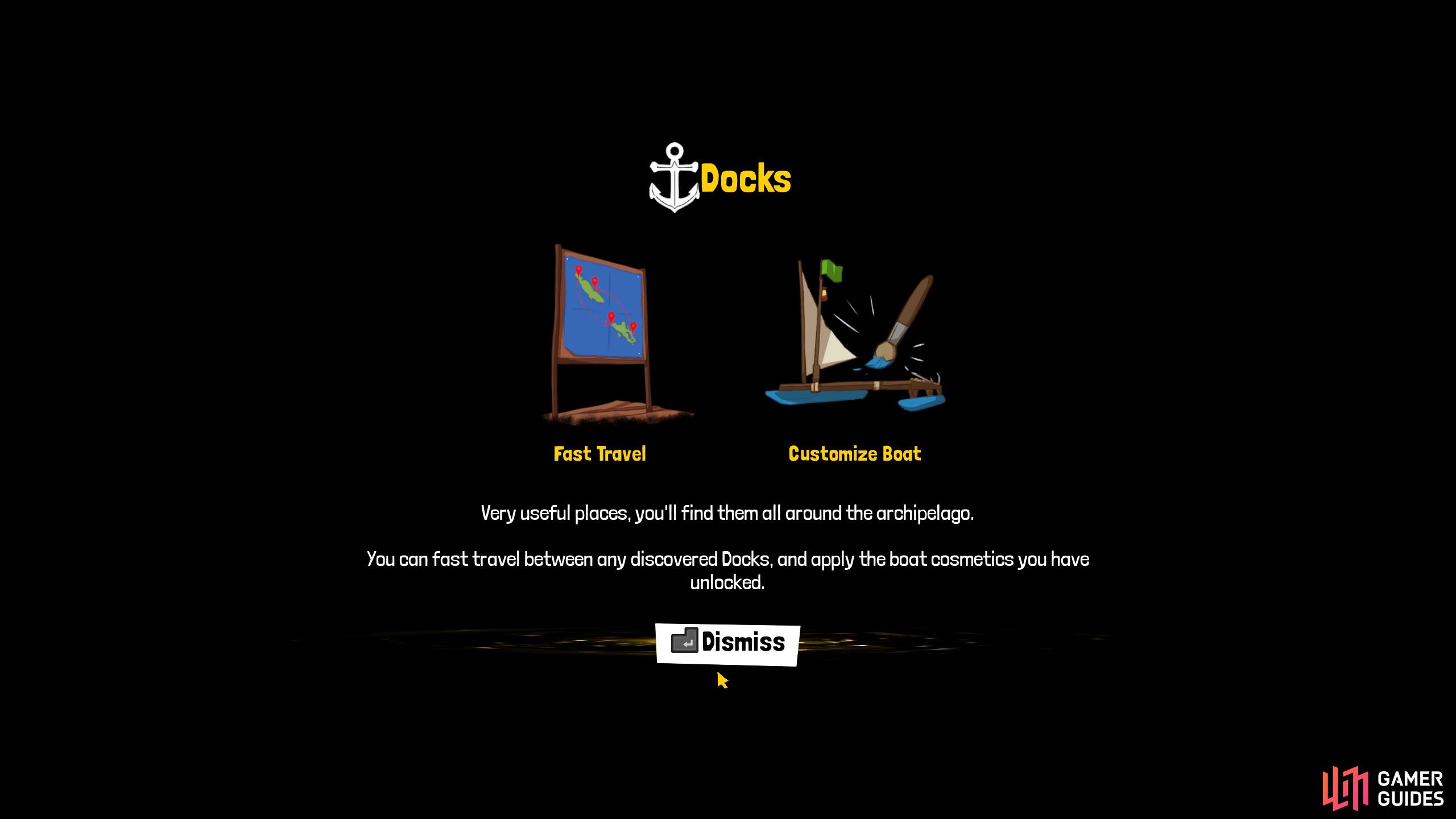 Use docks to customize your boat as well as fast travel!