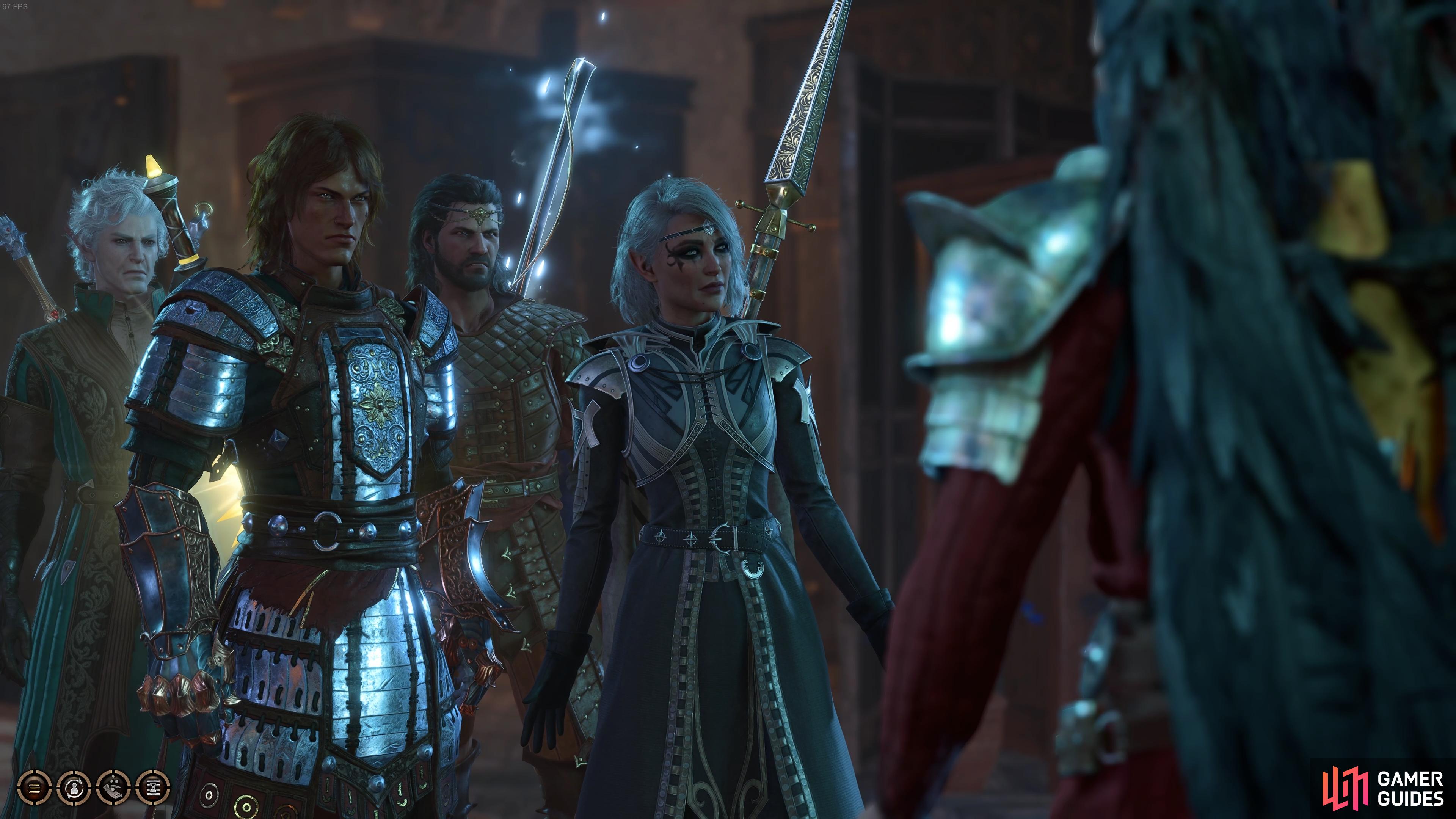 The gang looking a bit miffed at Flaming Fist Marcus’ appearance, Baldur’s Gate 3.
