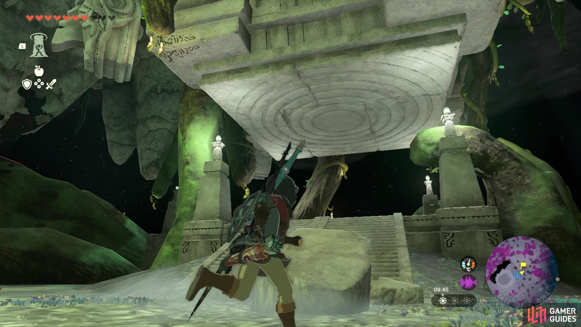 Acend up this pillar at Korok Grove in the Depths.