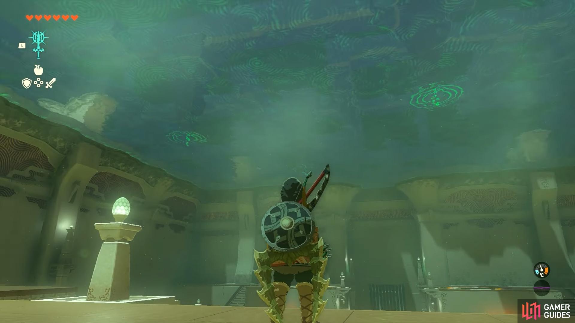 The green markers on the ceiling of the shrine indicating where to put the balls